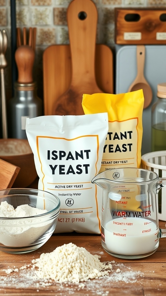Different types of yeast with flour and warm water in a rustic kitchen.